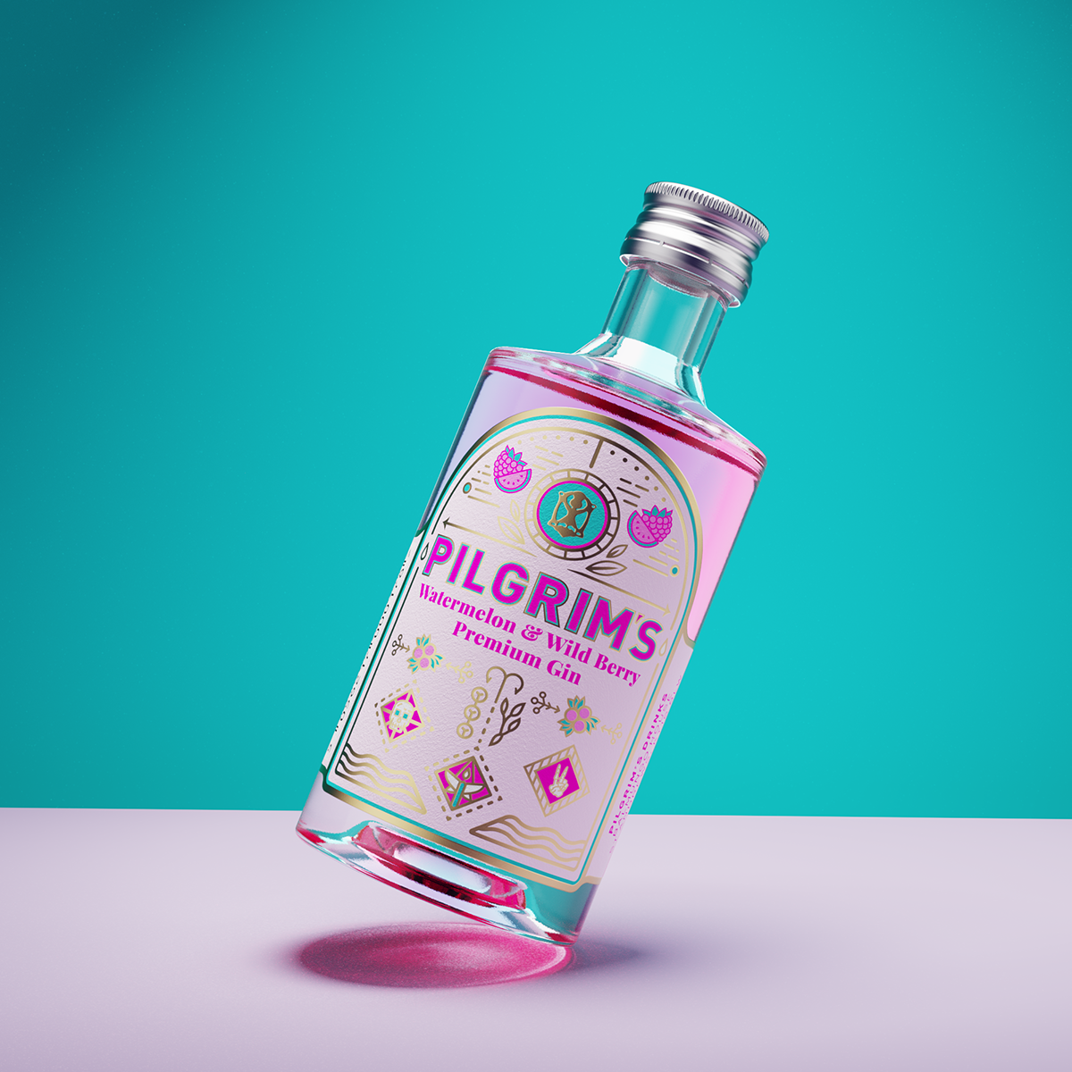 A small clear glass bottle of Pilgrims Watermelon & Wild Berry Premium Gin, tilted on its side against a vibrant teal background with a light lavender surface below it.
