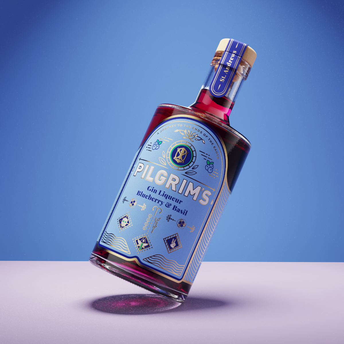 A bottle of Pilgrims Gin Liqueur Blueberries & Basil, tilted on a light lavender surface against a blue gradient background. The bottle has a light blue label with gold and white details, and a gold cap with a blue and gold neck label.
