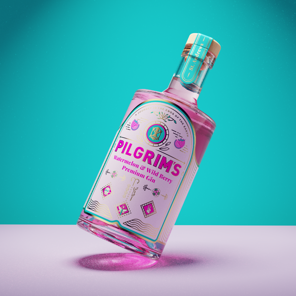 A tilted glass bottle of Pilgrims Watermelon & Wild Berry Premium Gin with pink liquid, a white and pink label, and a teal cap, set against a teal background and light lavender surface.