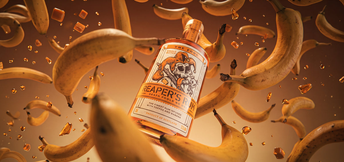 Reaper’s Rum – The Fool, toffee & banana among numerous bananas and toffee against a warm yellow background.